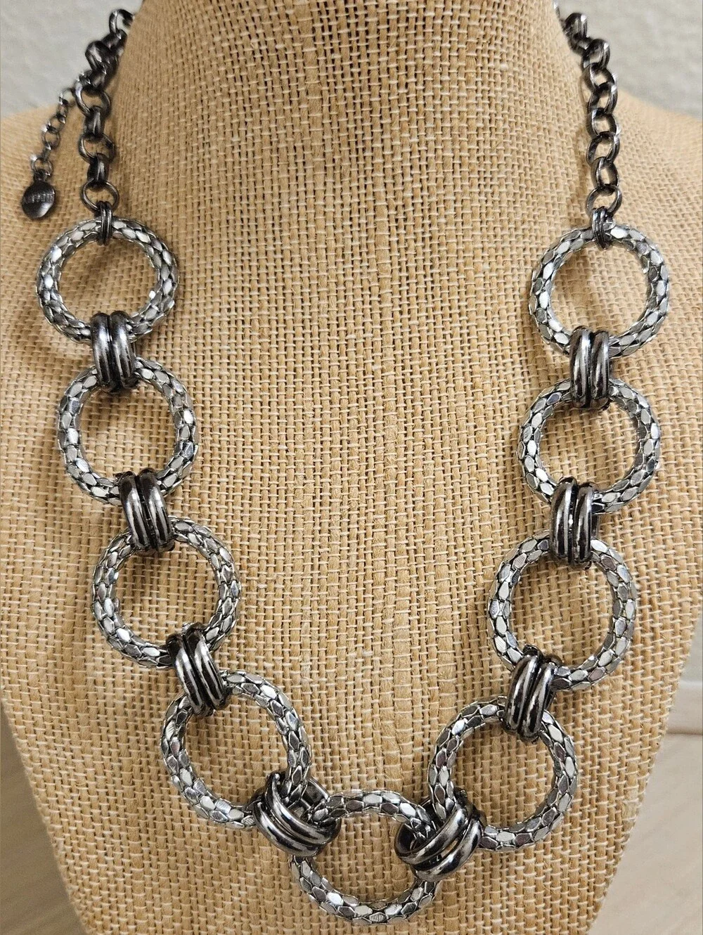 Alfani Necklace Silver Black Gunmetal Woven Loop Circle Links Modern Chain